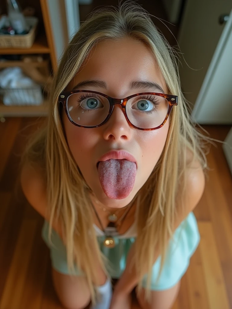 woman, beautiful girl, 、 Baby Face, Realistic skin of the highest quality, Eyes are focused, 20-year-old, Sticking out tongue, Focus on the mouth, Open your mouth, Long Tongue, saliva, Open your mouth , You can see inside the mouth, Open your mouth 舌を突き出す, Realistic tongue、Provocative eyes、Looking up、Tempting、Wearing glasses