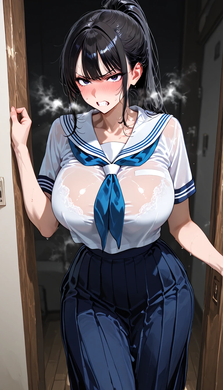 high school girl、beautiful girl、Black Hair、Big breasted body type、Sailor-style 、Navy blue pleated skirt、Flushed Cheekoist eyes、Shy expression、The veranda on a rainy day、Erotic atmosphere、Immoral scene、Sensual scene、Wet Hair、Wet Skin、Wet clothes
