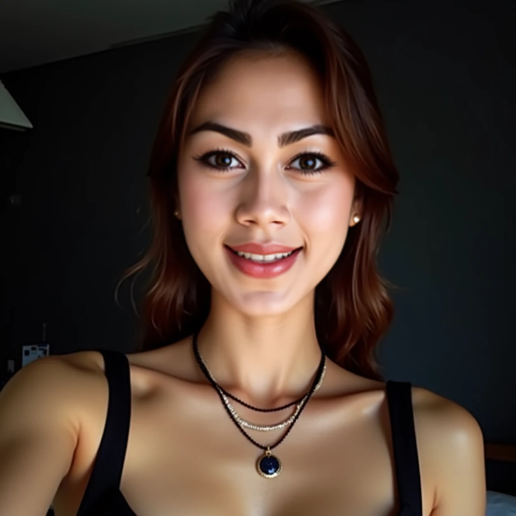Foto RAW em sequencia, ((selfie da parte superior do corpo, feliz)), mordendo dedo, rosto detalhado, planos de fundo detalhados pouco desfocados, luzes naturais, HDR, foto realista, foto profissional, flerte com o espectador, visual sexy, fotorrealista, Linda, pele natural, 8k UHD, alta qualidade, filmic grain, Fujifilm XT3