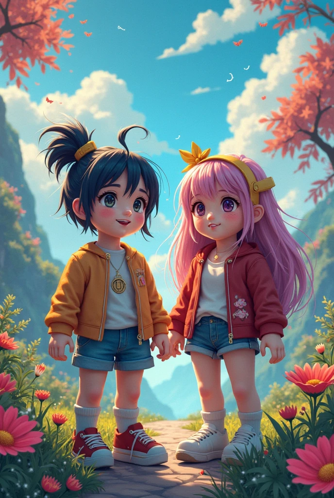 There is 1 boy and 1 girl, Wearing a white top, denim short。Play in the amusement park, There are a lot of colorful plants nearby, blossoms, butterflys, Blue sky and white clouds in the distance, (illustratio, paper art, 3Drenderingof), (plethora of colors, high detal, tmasterpiece, Cinematic lighting effects, Chiaroscuro)Movie Angle, multicolored hair, hair-bun, Cinematic lighting, Best quality, 4K, hyper HD