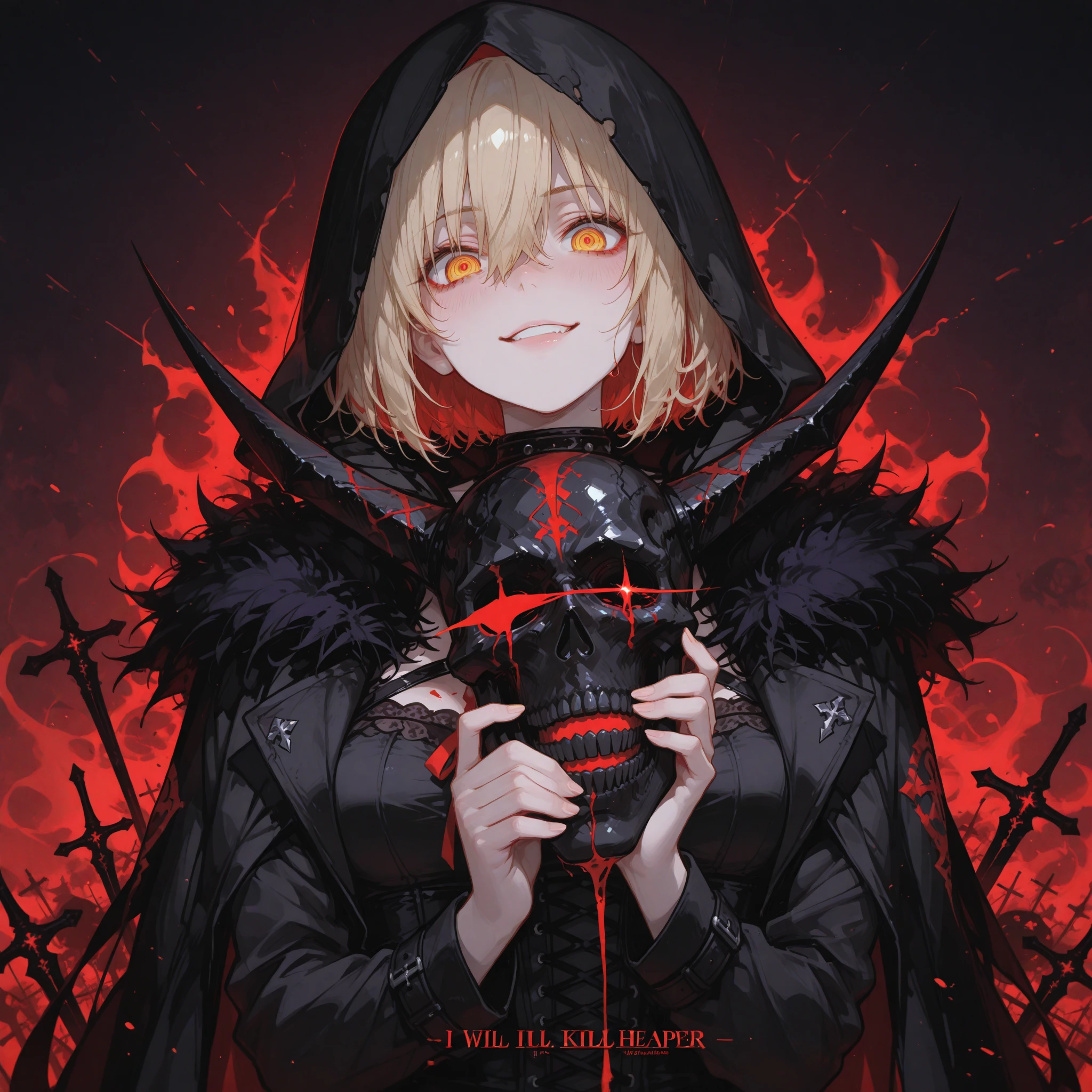 Woman with blonde hair, tattoos on her face, red eyes, wearing a black hooded robe, evil look, death, dark aura, holding a skull