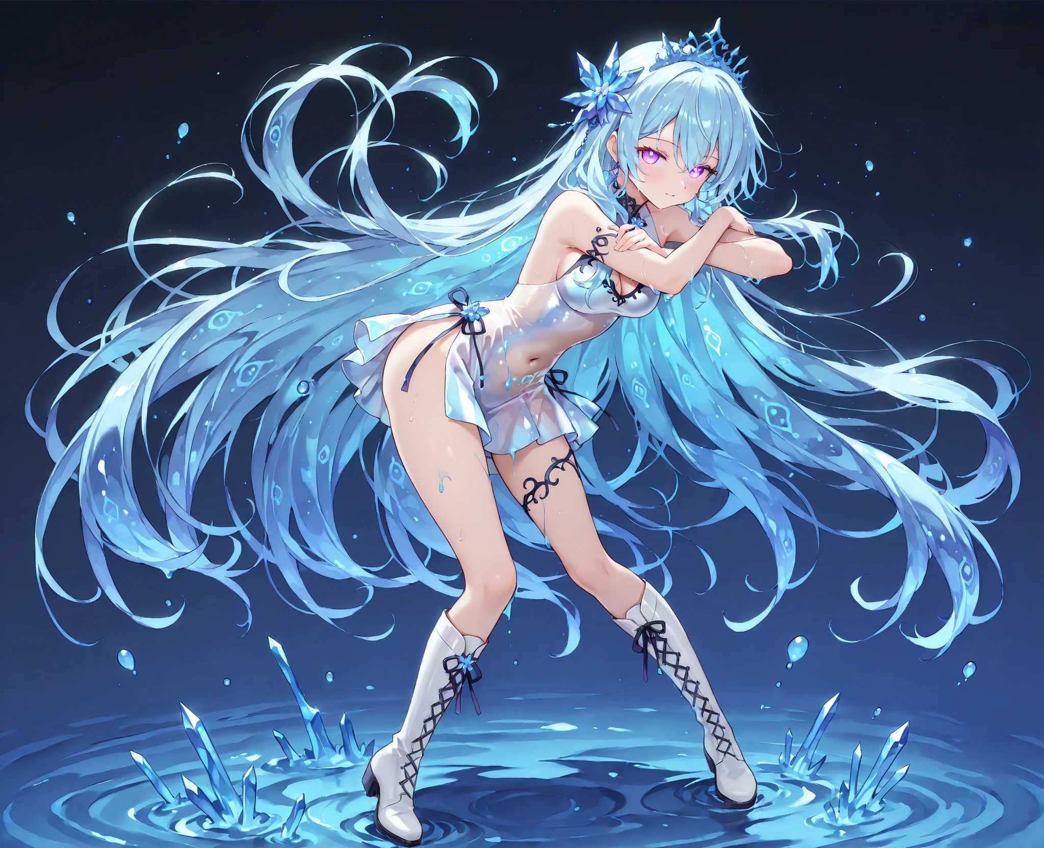 Top Quality, Masterpiece, High Definition, Very Detailed, 8k, One Girl, Cute, Anime, Crystal Clear White Skin, Sensual, Full Body, 2nd Grade of Junior High School, 13 Years Old, Beautiful Cute, Bow on Head, Too Many Hair Ornaments, Cute Micro Bikini Style, Crazy Worldview, Bloody, Eyes Glowing Suspiciously Red, Fairyland, Back road, crazy smile, hand on crotch, inviting, perfect anatomy, beautiful hands