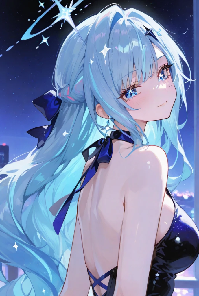 1 girl, best quality, amazing intricate, round eyes, happy, smile, medium breast,
light blue hair, long hair, , ,
From Side, cowboy shot, arms behind her head,
aqua dress, evening gown, ,
in a city at night