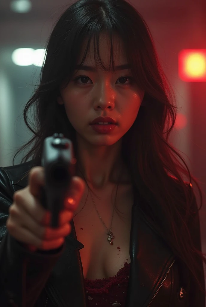 20 years old, black hair, long hair, a scene from a movie or drama, cute kawaii idol Japanese woman, glamour photography, This image is a portrait of a young woman holding a gun in her right hand. She is standing in front of a window with a night city skyline view. The woman is wearing white jeans and a deep neckline T-shirt with a front zipper. She styles it in loose waves and is looking straight into the camera with a serious expression. The gun is pointed at the camera and appears to be a hand gun. The background is blurred but appears to be an urban setting with buildings and lights visible. The overall atmosphere of the image is intense and dramatic. Her neckline is open and her bra is visible. She is wet.