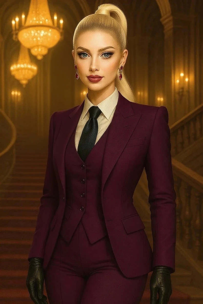 cinematic film still photogenic beautiful adult woman, Person_SanaLantana, best quality, high quality, high detail, standing, rim lighting red lips, textured skin, indoors, (white gloves), standing, butler outfit, vest, tailcoat:1.2, elegant and sophisticated, Victorian era influence, tailored jacket, crisp white shirt, ascot, high-waisted trousers, polished leather boot heels, detailed embroidery, monochrome color palette, cinematic lighting 8k resolution, photo by Guy Aroch, atmospheric lighting . shallow depth of field, vignette, highly detailed, high budget, bokeh, cinemascope, moody, epic, gorgeous, film grain, grainy