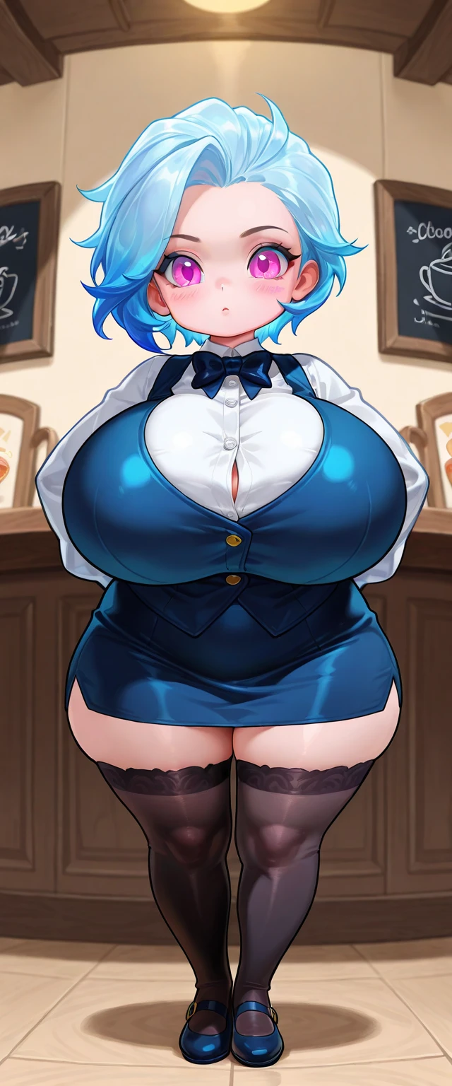 score_9, score_8_up, score_7_up, source_anime, 1girl, yellow eyes, blue hair, short hair, bunny suit, standing,in a casino, huge breasts, wide hips, thick thighs, curvy, smug, smirk, open mouth  <lora:Asanagi-Style-PonyXL-Final:1>