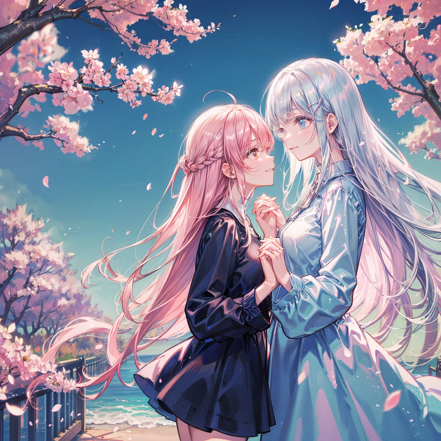 (Masterpiece, Top Quality, Best Quality, Watercolor (Medium), Official Art, Beautiful and Aesthetic: 1.2), (2 Girls: 1.3), (Fractal Art: 1.3), Upper Body, From the Side, Look at the Viewer, Pattern, (Iridescent Hair, Colorful Hair, Half Blue and Half Pink Hair: 1.2), Water, Gas, Clouds, Colorful, Soap Bubbles, Deep Kiss