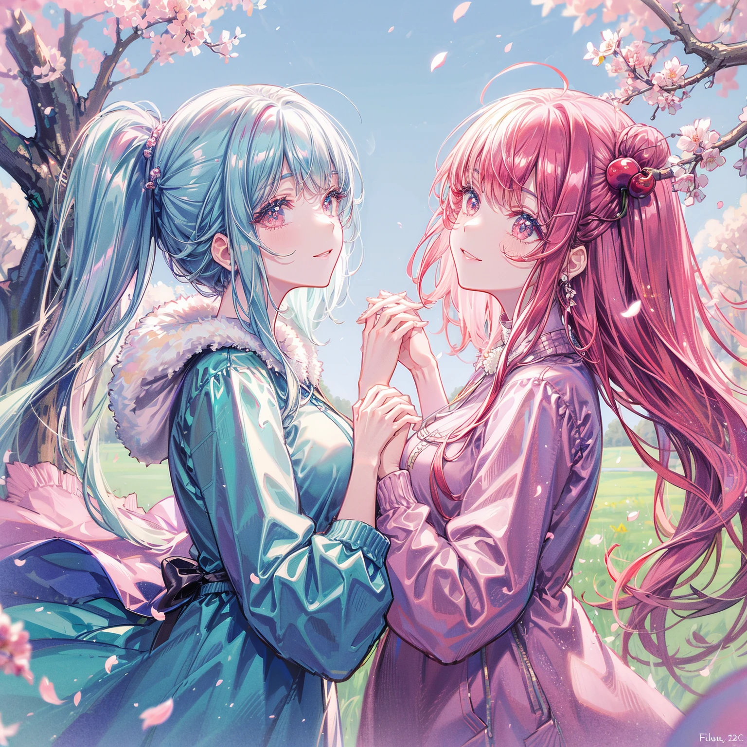 (Sky blue medium hair),(Braided hair tied together)、Pink eyes、Fair skin、(whole body)、(One Girl)、(suit)、Cherry Blossoms at Night、A big smile、、(masterpiece、Highest quality、Very detailed、Best Shadow)、(Detailed Background)、(Beautifully detailed face)、High contrast、(Best lighting、Very delicate and beautiful)、((Cinematic Light))、colorful、Hyper Detail、Dramatic Light、Exquisite detail、