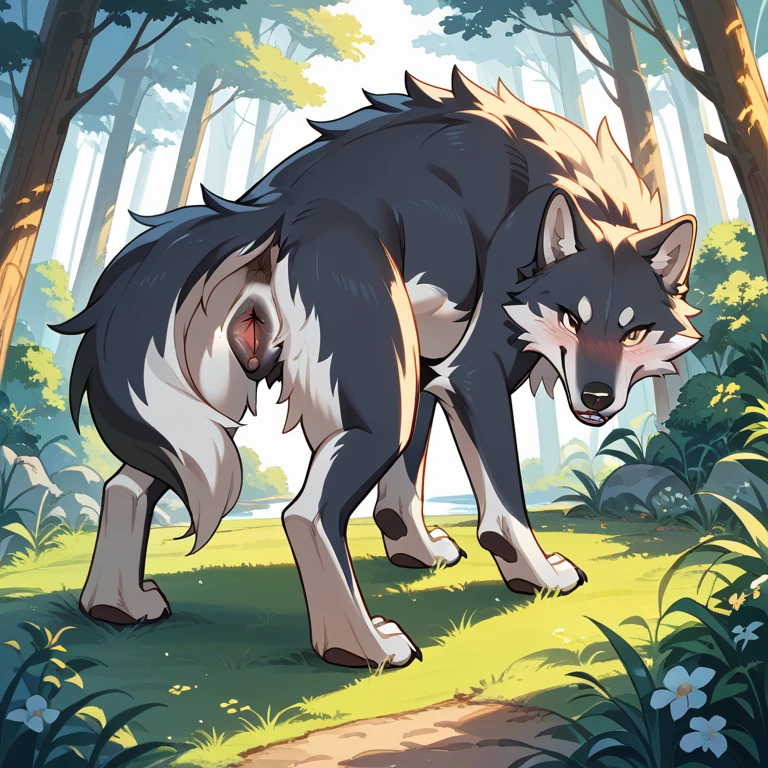 Wolf giving a blowjob to a boy、hold it deeply、Intense 、Looks disgusting、(Quadrupedal)、beast、erection、in the forest、From the side of the gaze、whole body、Shackles、