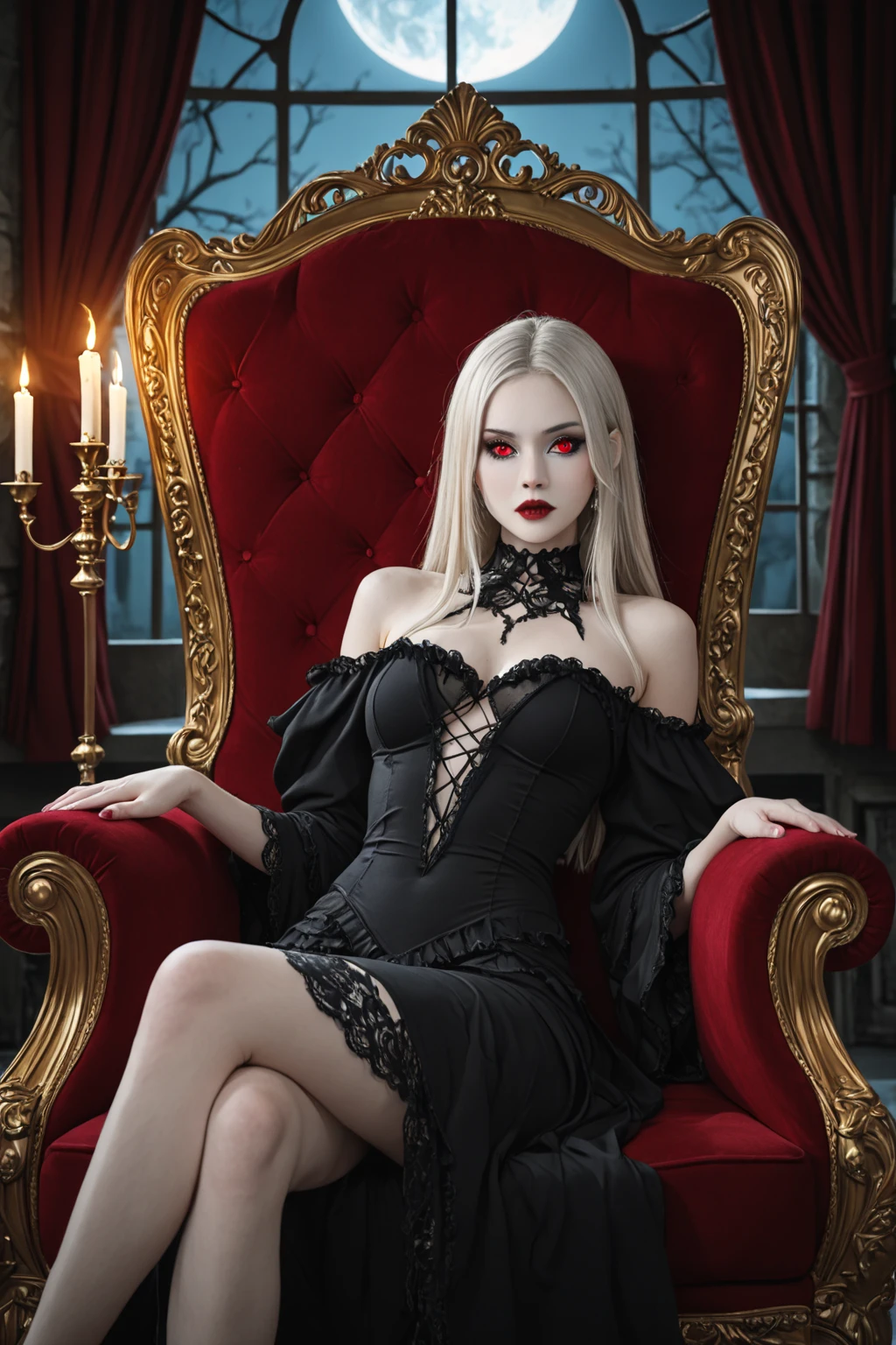 blond woman with a crown sitting on a bed next to a skull, scary queen of death, queen of death, goddess of death, dark goth queen with blue eyes, with a crown of skulls, wearing gothic accessories, high detailed transparent seethrough dress, small breast, clit, gothic maiden, gothic princess portrait, beautiful witch spooky female, adorned with demon skulls, beautiful vampire female queen, gothic maiden of the dark, full body view