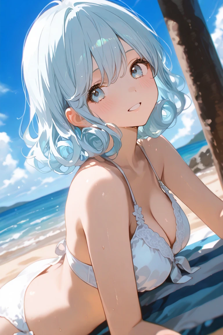 Silver-haired girl drawn in high resolution Japanese anime style、A group of women in white bikinis taking photos on a deserted beach, Bikini Model, , A young and cute gravure idol, Posing together in bras, Russian and Japanese mix, sakimichan, Asian woman, Wear a swimsuit, that'that'that'that'that'It's hot with the shining sun, Japanese Model, Cute Core, sakimichan hdri, Young Gravure Idol, Chubby