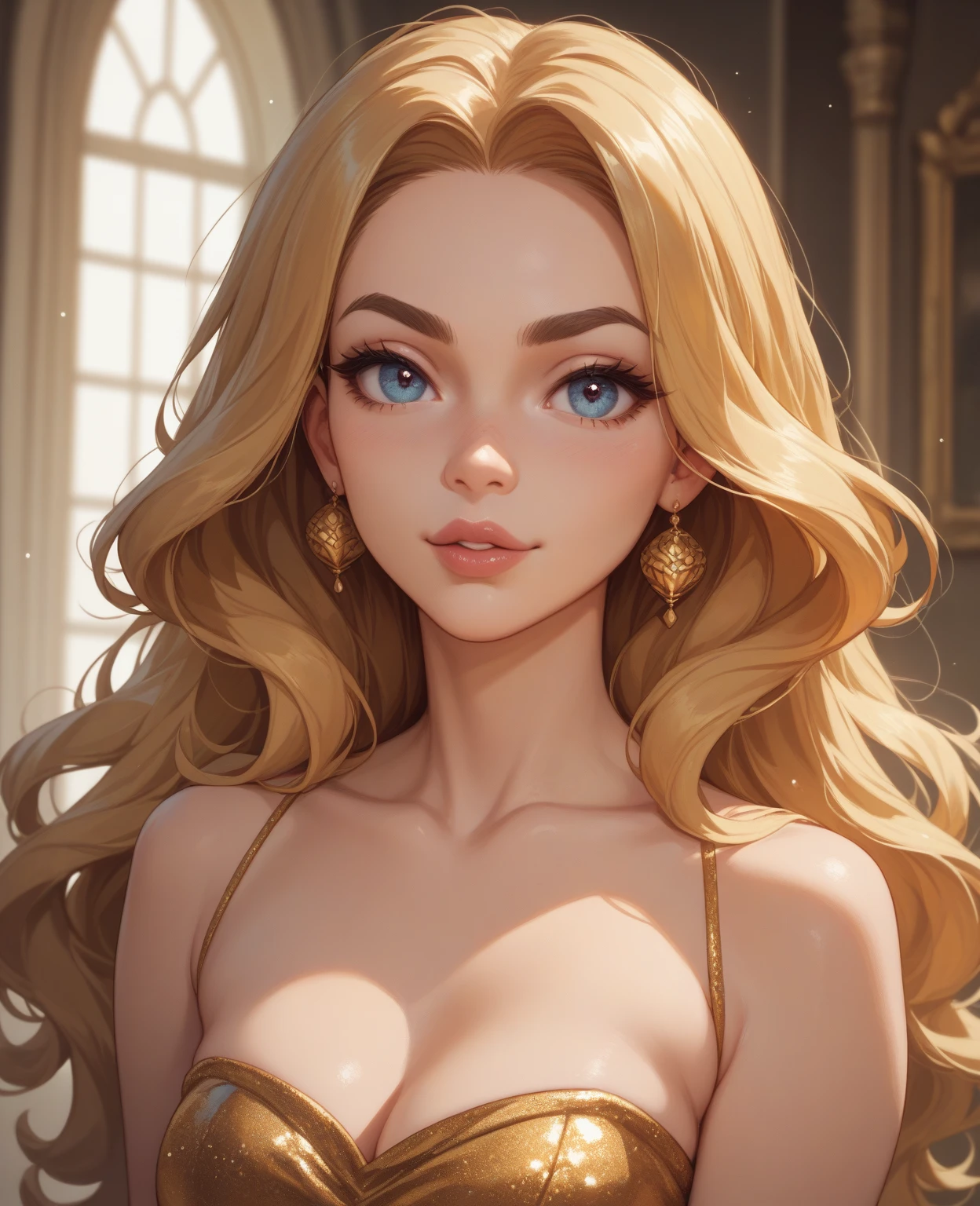 Ultra-realistic 8K CG, Flawless face, flawless perfection, full body, huge tit, Huge breasts, A sagging breast, long leges, Slim, being thin, Lower chest position, Swollen breasts, crisp breasts, Breasts during lactation, Lactation, Tender white skin, (Inside a castle setting,) A petite Princess Peach wearing a beautiful hot pink dress, she is gentle and compassionate and is shown smiling gently, she wears a golden crown atop her blond hair and white gloves. She is a tall, extremely beautiful young princess with a fair skin complexion, light blue eyes, dark yellow eyebrows, and a small nose. She has six long eyelashes on each eye as well as dark eyeliner. Her lips are round with pink lipstick. With a focus on her alluring chest, she is depicted in a close-up shot from below. She is smiling in a full body shot, ((very big breasts:1.4)), buxom chested, large breasts size, cleavage, (add_detail:1)