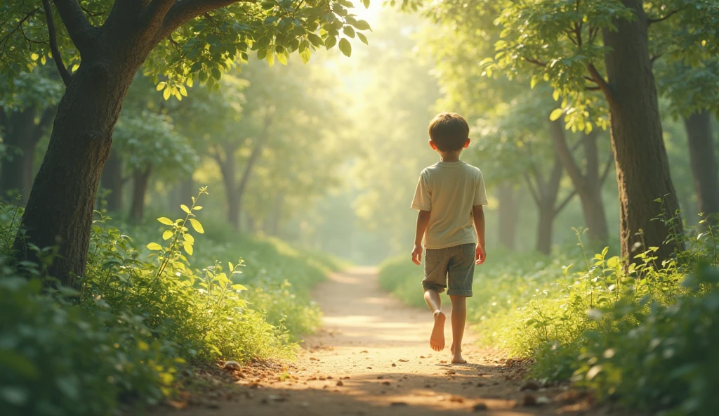A boy walks in a deserted park.