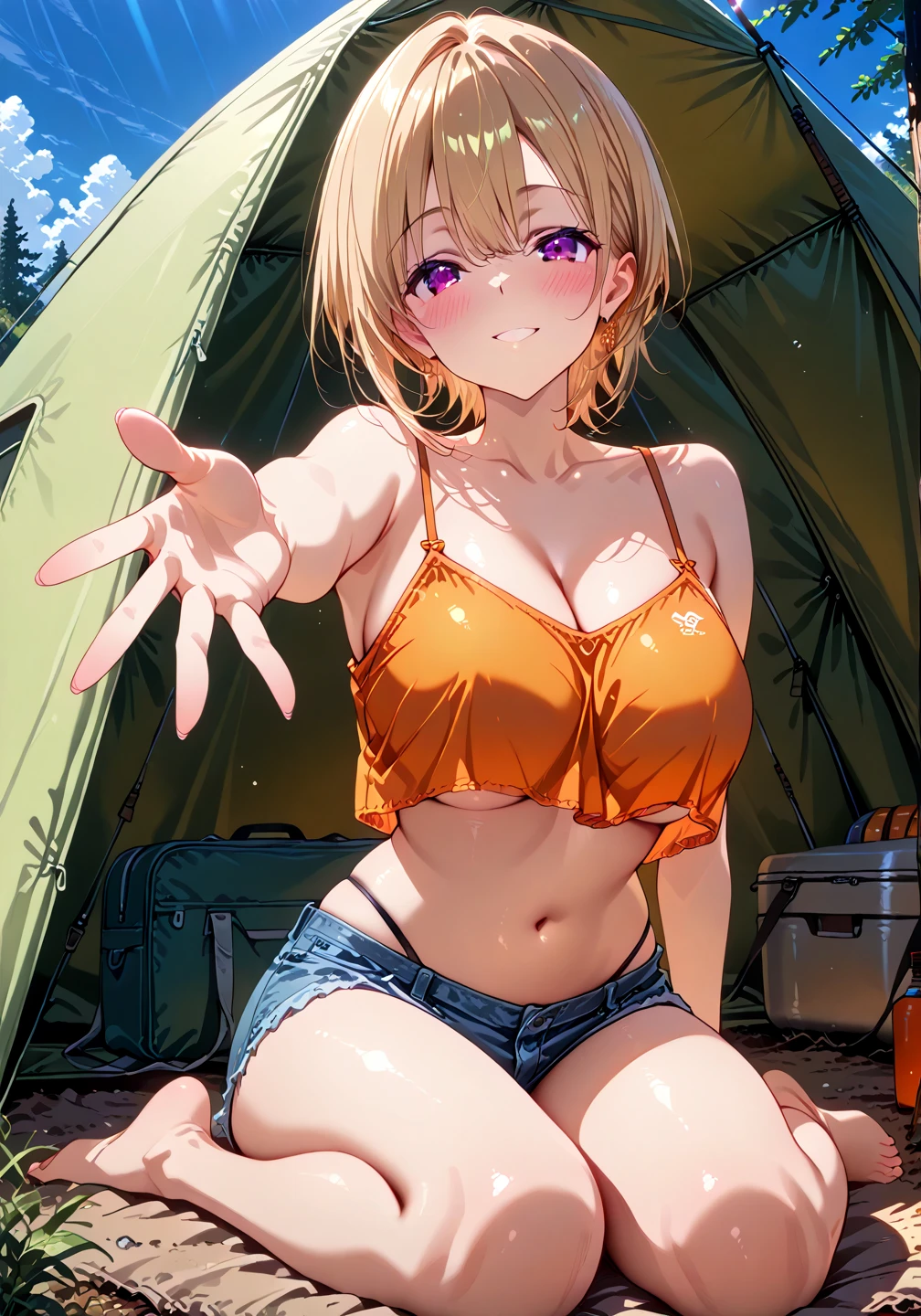 Golden hair、medium hair、brown eyes、Inside a tent on the sandy beach、white bikini、surprised face、beautiful girl、standing position、