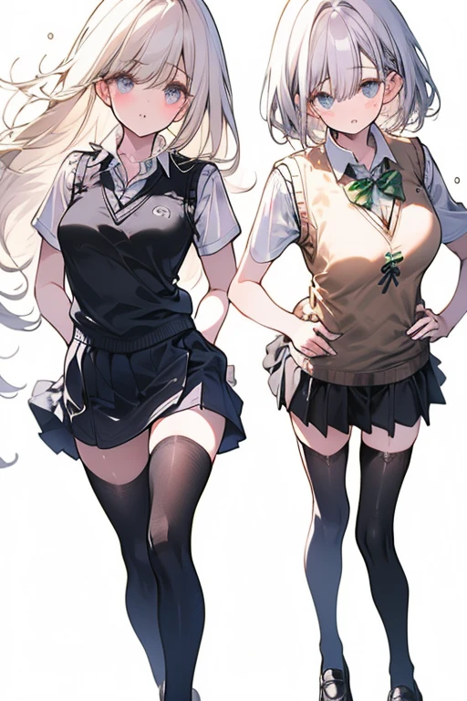 ((2 girls))、(smile:1.5)、Small breasts、（Cowboy Shot）、(fun!!)、(cardigan)、(Blonde)、(blush:1.4)、、(single braid)、(Eye highlights:1.3)、blake black shoes,(黒いskirt)、bow, button, shirt with collar, Long sleeve,  ((red bow tie, , Black jacket, Open jacket, 茶色のcardigan, white shirt, 黒のskirt, チェック柄のskirt、white socks)),, shirt,, skirt, socks, Thighs, white shirt, Rest indoors, ((classroom:1.5))、 BREAK while watching the audience、(skirtを掴む:1.0)、 (Perfect hands, Perfect Anatomy),Cowboy Shot、(skirt lift:1.3),(Highly detailed panties:1.3)、(Highly detailed white panties:1.3)、、(skirt that rolls up:1.3)、(Full-fledged panties:1.5)、Light blue eyes、
