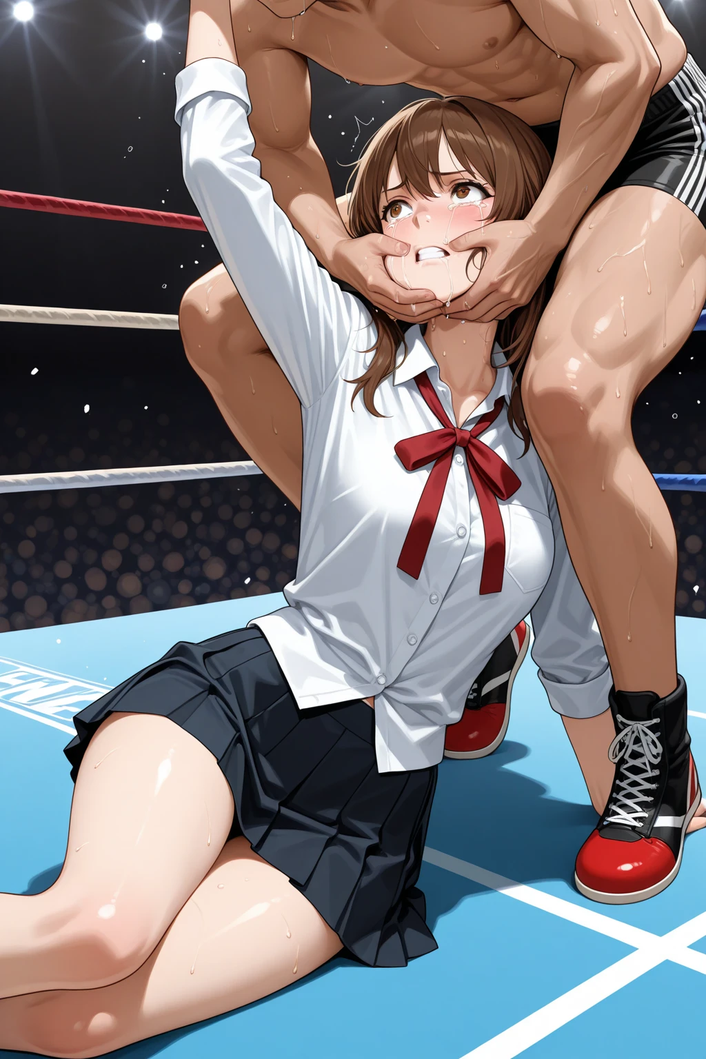 (1 boy, 1 girl), a teenage school girl in mixed bondage wrestling with a teenage boy, they are roughly the same age, the school girl is wearing a red pleaded careered skirt and a black pullover, the girl has a is a bit smaller than the boy, the girl has shoulder long hair, the boy is wearing casual clothes, teenage boy hogtied and struggling against the ropes, school girl applying more ropes to the teenage boys body, blushing boy dominated and controlled by the girl, the girl is smiling and laughing and tries to humiliate the teenage boy, the teenage boy is blushing and ashamed and is gritting his teeth, he desperately tries to break free but to no avail, the girl is sitting on top of the teenage boy to prevent him from moving and has ropes in her hands and uses them to tie up the arms of the teenage boy behind his back,the arms of the teenage boy are completely tied behind his back in lots of ropes, the teenage boy looks very embarrased and ashamed, the girl is saying „this must be embarrassing for you“ , huge struggle, many viewers watching, wrestling ring,intricate rope work, teenage boy blushing and ashamed, dramatic lighting, highly detailed, photorealistic, 8k, masterpiece, teenage school girl vs teenage school boy, femdom, power, control, beautiful teenage girl, detailed faces, teenage boy aggresively tied up by teenage girl, lots of rope, perfect eyes, detailed faces