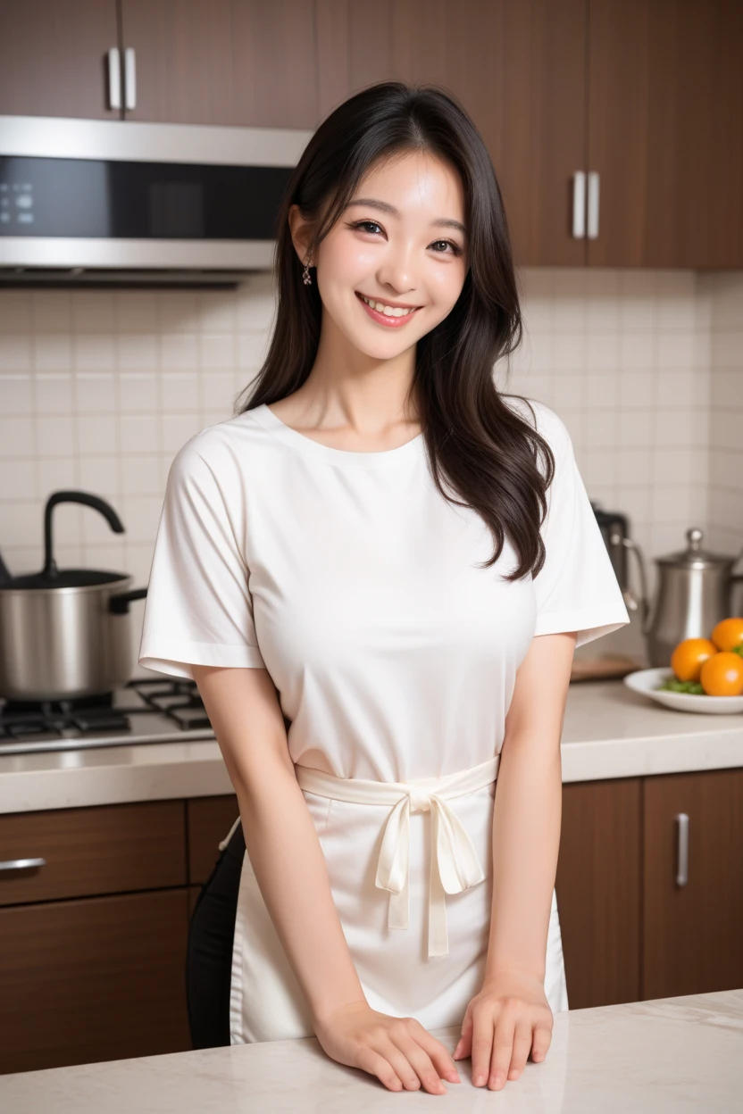 masterpiece, best quality:1.1), (8k, raw photo, photo realistic:1.2, f22), (shiny skin), detailed skin,long hair,ribbon,detailed face, detailed eyes,smile,BREAK, real world, intricate details, smil, BREAK, 1girl, full body,(short sleeve,red,),BREAK, (kitchen,fruit:1.4)
