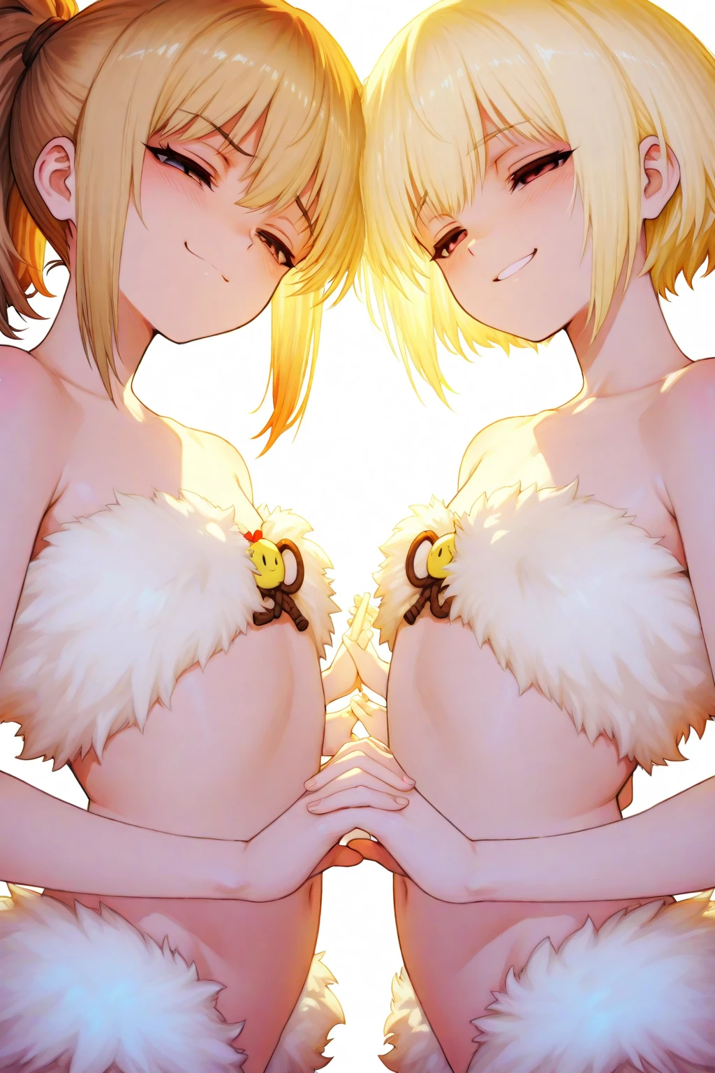 ((masterpiece))((highest quality))Blonde、Twin tails、Eye level、Face is the main、smile、No background、One color in the background、Red ribbon on head、(True Face、Symmetrical)Completely naked、Belly button