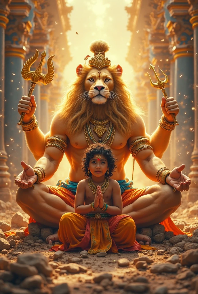 Depict the powerful yet tender moment between Lord Narasimha, the lion-headed avatar of Vishnu, and the young devotee Prahlada. Narasimha, sitting majestically on a royal throne, exudes both ferocity and compassion. His lion-like face is adorned with a golden crown embedded with jewels, and his muscular arms are covered with intricate golden bracelets. Despite his fierce appearance, his eyes radiate warmth as he gazes at the child sitting beside him. Prahlada, dressed in simple orange robes, looks up at Narasimha with admiration and trust, his body language relaxed and at ease in the presence of the divine protector. The background, rich in golden and deep hues, further emphasizes the grandeur and sacredness of the scene. This image beautifully captures the balance between divine power and loving protection.