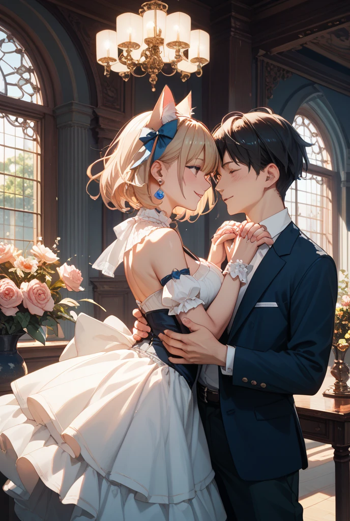 Kirito and Asuna black Wedding dress purple eyes and blushing two people standing in the wedding hall kiss big breasts breast enlargement illustration, ultra-detailed, HDR, vibrant colors, soft lighting