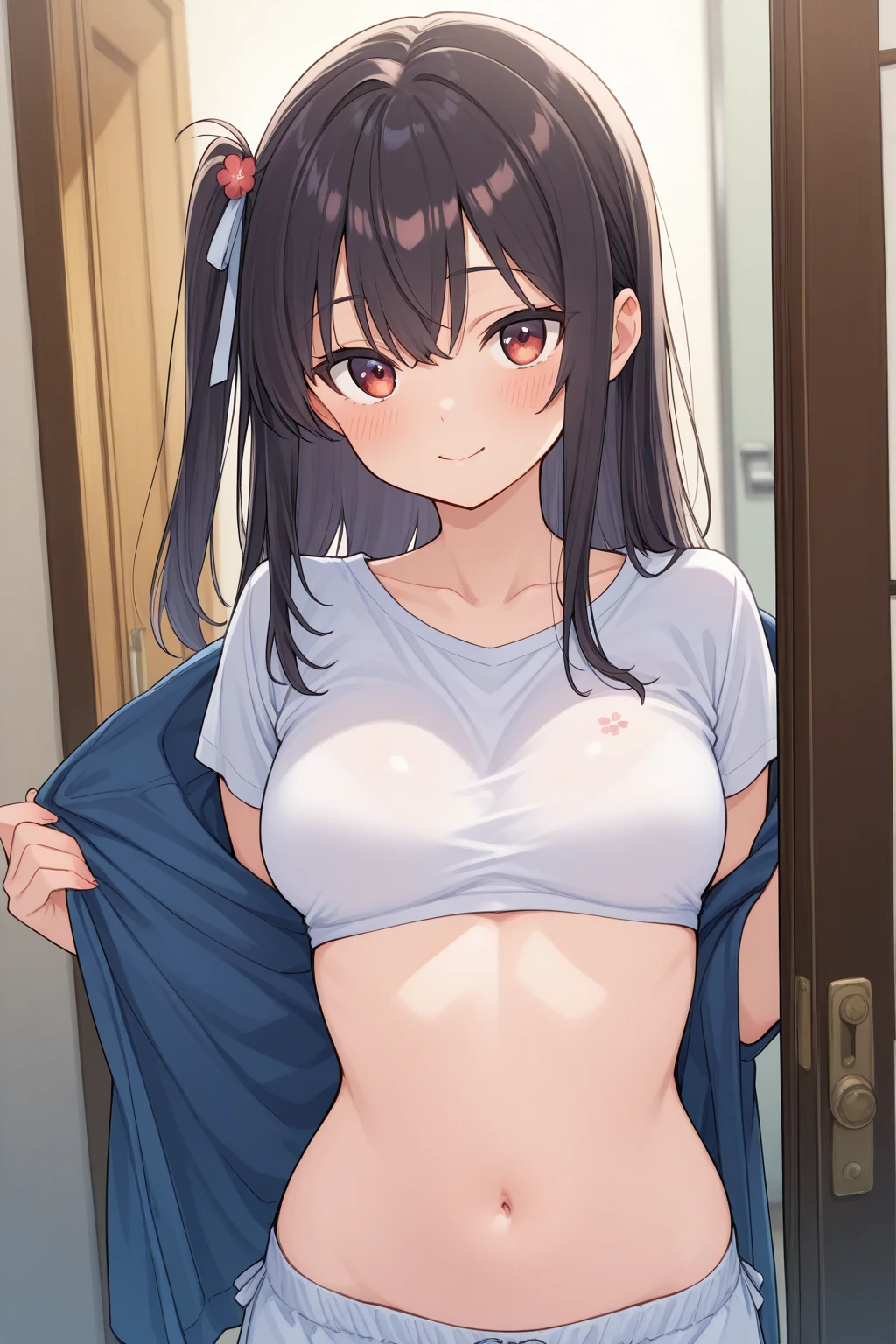 bare breasts、Sports bra、Pull down your bra with your hands to reveal one nipple