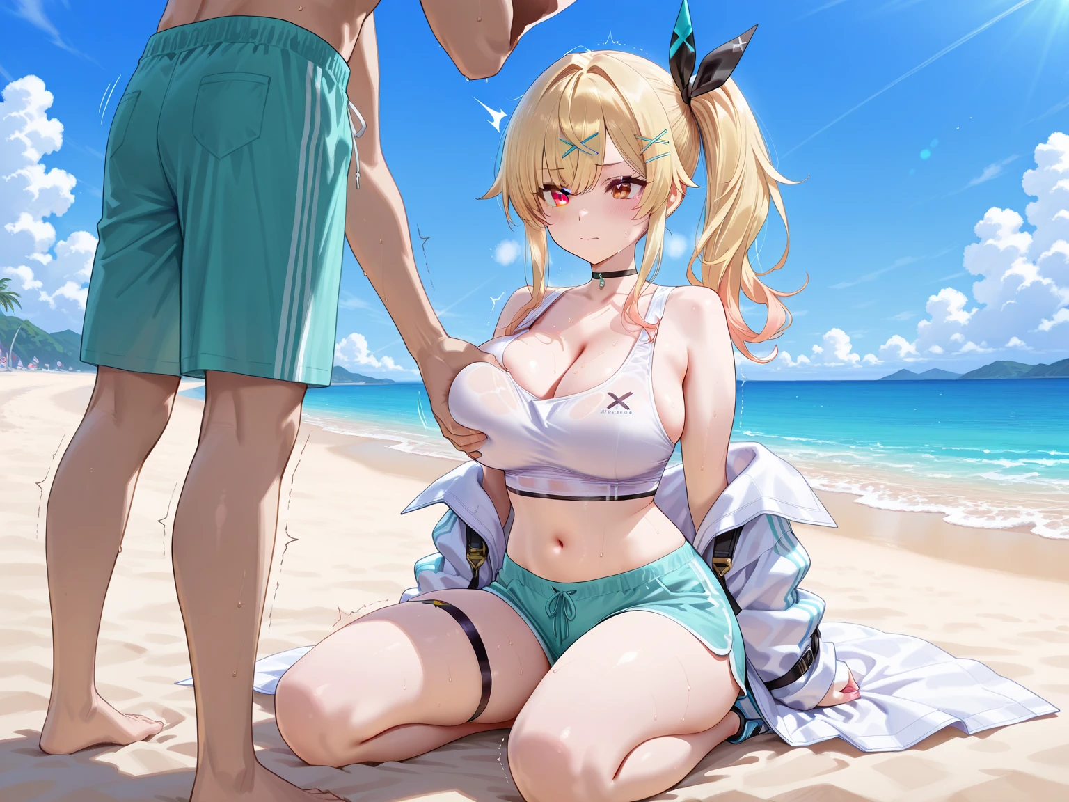 Summer Sea, Sexy Girl, White transparent slingshot swimsuit, Handsome man hugging his girlfriend from behind, speak in her ear, Lift her up, 40k, photograph, masterpiece, Highest quality, (One girl had blue eyes and blonde hair that curled quickly.、legs open), An older man leans on her from behind、Pick up, Eyes Wide Open, Sticking out tongue,-tongue, crazy, Open your mouth, Scream, AHE Face, Heavy breathing, blush, Sweat,