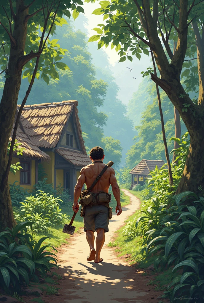 handsome young man, beautiful face, white skin, soft, skinny, short hair, shirtless, in a jungle cutting firewood with an axe, in the middle of the jungle behind him a house 