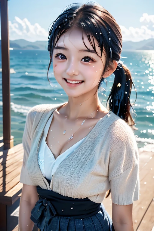 ((Highest quality、masterpiece、High resolution))、(((Zoom photo of upper body、Wet body、Wet Hair)))、(A shy smile:1.2)、One Woman, 20-year-old、Beautiful Skin、Beautiful Eyes、Off-the-shoulder sweater、Shorn bangs、Blonde