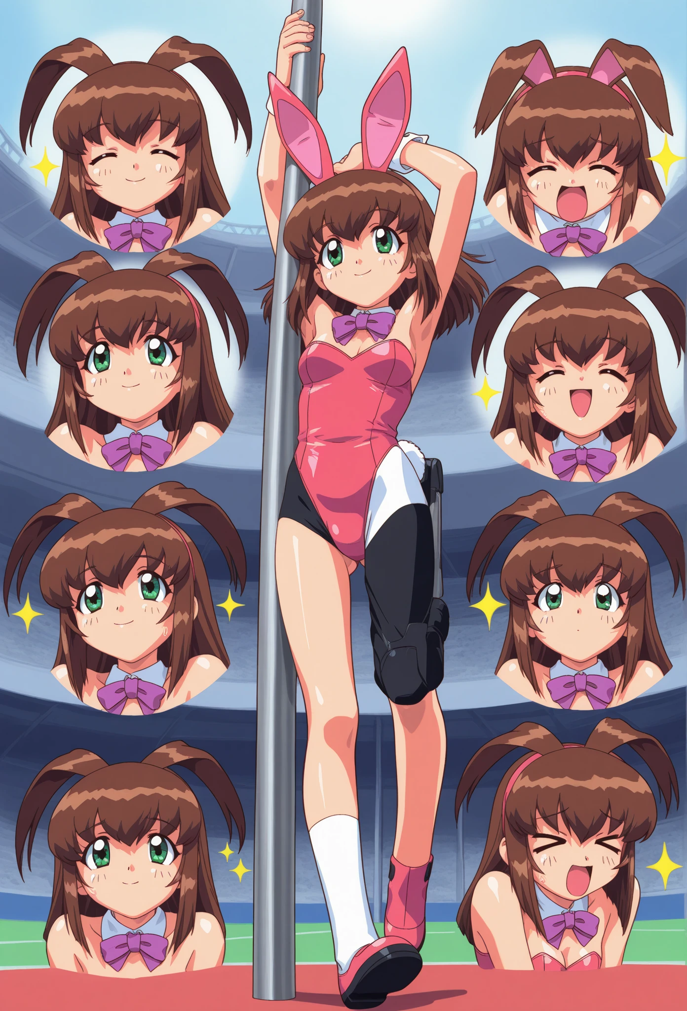 best quality, masterpiece, 1 girl, (standing on one leg:1.2), tongue out, (drooling:1.4), (wide medium hair with bangs:1.3), tight fitting pink and yellow bikini armor, gloves, (small breast, cleavage, underboobs:1.3), (metro station:1.2), lively, bustling, cyber