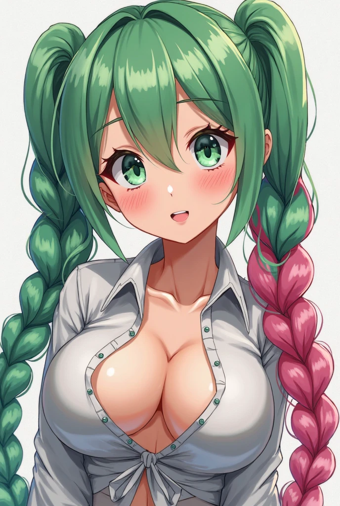 Simple White Background,
yellow shirt,collarbone, cleavage, bare shoulders, 
<lora:Natsuki_Aoi_VForce-KK77-V1:0.5>,
black eyes, Green hair,bangs,Long hair,high ponytail, 
<lora:Oda_Non_Style-KK77-V2:0.5>,<lora:more_details:0.1>,
1 girl, 20yo,Young female,Beautiful long legs,Beautiful body,
Beautiful Nose,Beautiful character design, perfect eyes, perfect face,expressive eyes,perfect balance,
looking at viewer,(Focus on her face),closed mouth, (innocent_big_eyes:1.0),(Light_Smile:0.3),
official art,extremely detailed CG unity 8k wallpaper, perfect lighting,Colorful, Bright_Front_face_Lighting,White skin,
(masterpiece:1.0),(best_quality:1.0), ultra high res,4K,ultra-detailed,
photography, 8K, HDR, highres, absurdres:1.2, Kodak portra 400, film grain, blurry background, bokeh:1.2, lens flare, (vibrant_color:1.2),professional photograph,
(Beautiful,large_Breasts:1.4), (beautiful_face:1.5),(narrow_waist),
