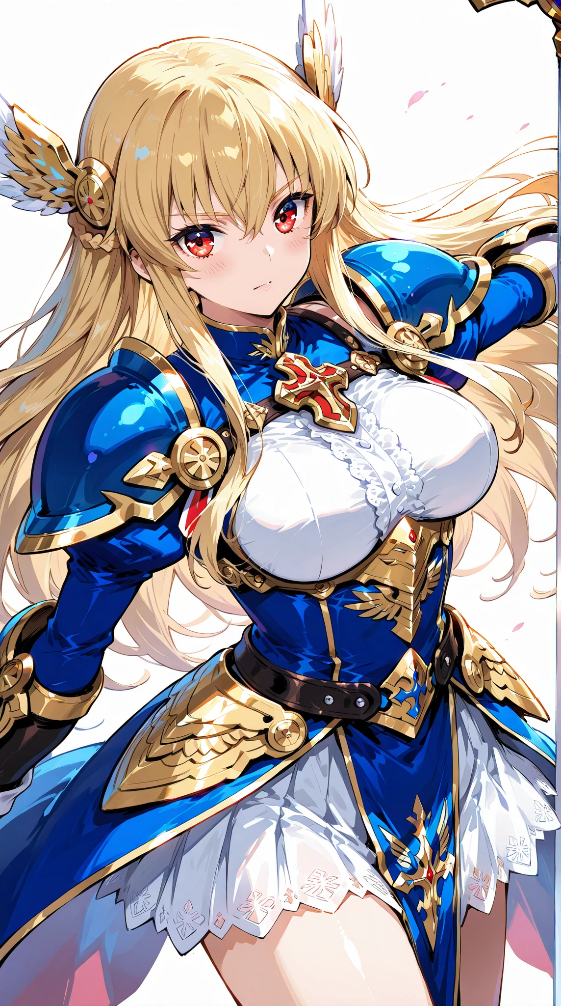Copper bikini armor, copper crown, bare belly, big breasts, blond hair, red eyes, bikini armor, copper