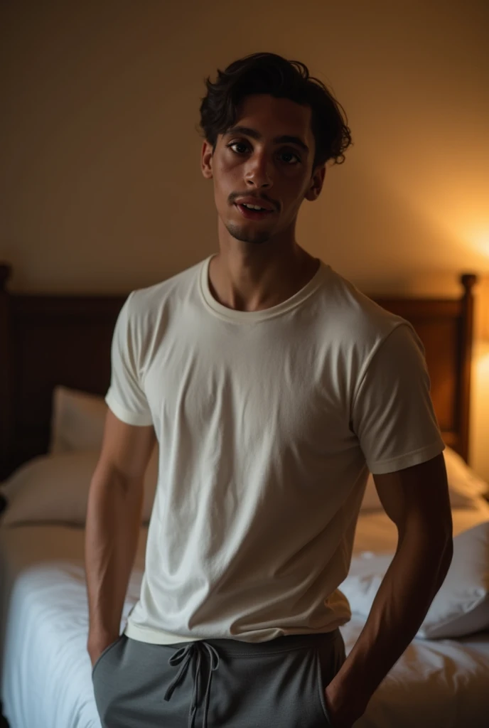 handsome Young man, Very good figure,short haircut,white skin,Not wearing a shirt  ,wearing bikini underware on a bed.  This man has black hair.  The body is quite thin.  and has hair on the body and arms a bed, but it's a little firmer. The bedspread is made of lace, and the ceiling of the room is made of laced curtains. The background is a little blurred, as if from a dream. The room is dimly lit, as if lit by a night lamp, casting long shadows.