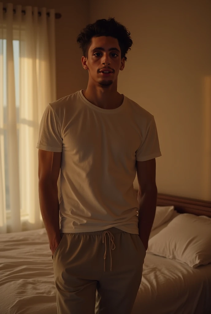 Handsome young black boy wearing shorts standing st bedroom door. Seductive smile. Optimistic