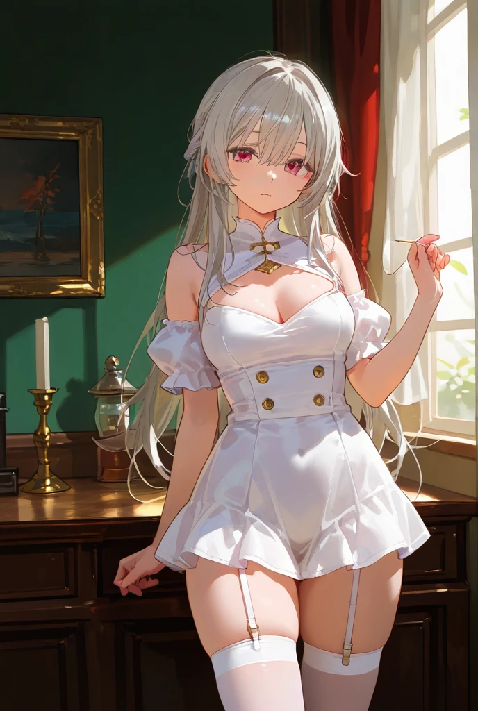 ((masterpiece), best quality, high quality, professional quality, highly detailed, highres, perfect lighting, natural lighting), Splattering on impact, bikini, Visionary, Tall, Slim, Heart-Shaped Face, Olive Skin, White Hair, amber Eyes, Long Nose, Pouty Lips, Prominent Chin, Long Hair, Thick Hair, Frohawk, full breasts, Faux gauge earrings, pink stain lipstick, Thin layer of liquid shimmer, Misty reflections,Modest A-line dress made of sturdy cotton, in a rich maroon color, featuring a high waistline, long fitted sleeves, and a linen coif, Vixen, Tall, Skinny, Diamond-Shaped Face, Olive Skin, Brunette Hair, peach Eyes, [[Curved Nose]], Pouty Lips, Round Chin, Shoulder-Length Hair, Coarse Hair, Long Curly Hair, small breasts, Stud earrings, peach metallic lipstick,  inside (( Simple horse carriage with minimal decoration )), Quaint medieval village with cobblestone streets and timber-framed houses, <lyco:locon_perfecteyes_v1_from_v1_64_32:0.6>