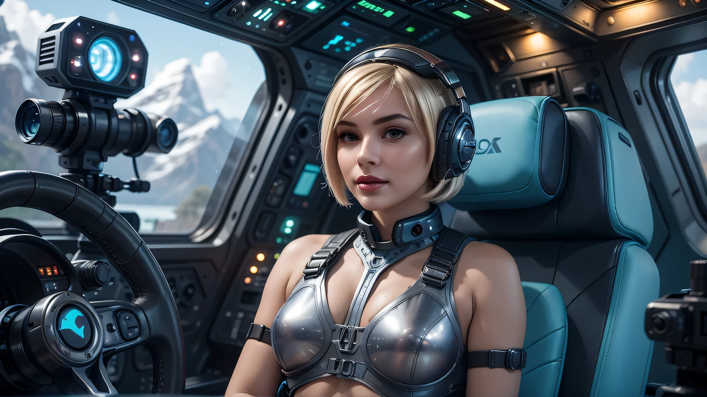 35 year old aged skin,((gorgeous realistic short hair blonde bob cut, female 35 years age Floating in space realistic futuristic stars and nebula)), she looks happy sleepy, Night time, ((artistic pose)), ((she has a red ribbon in her hair)), she is wearing a teal and gold gymnast leotard, (photorealistic), (in gold and teal leotard), (Style-Glass), (()), hdr, antialiased, 8k, ((syd mead)), sharp details, ((masterpiece)), (painterly), (good anatomy), (good proportions), (good composition), (dramapaint), (style-sylvamagic) 1 woman, Captivating, Professional Studio Lighting, Expertly lit, The scene is filled with a sense of tranquility, magic, and natural beauty, transporting the viewer to a world of fantasy and wonder (best quality, high resolution)