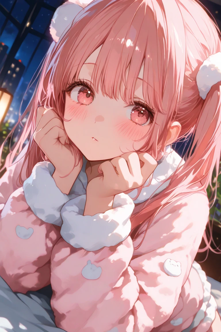 One girl、Pink hair、PastelColors、Cute、blush, tiny chest, christmas, christmas underwear, bedroom, hentai, night