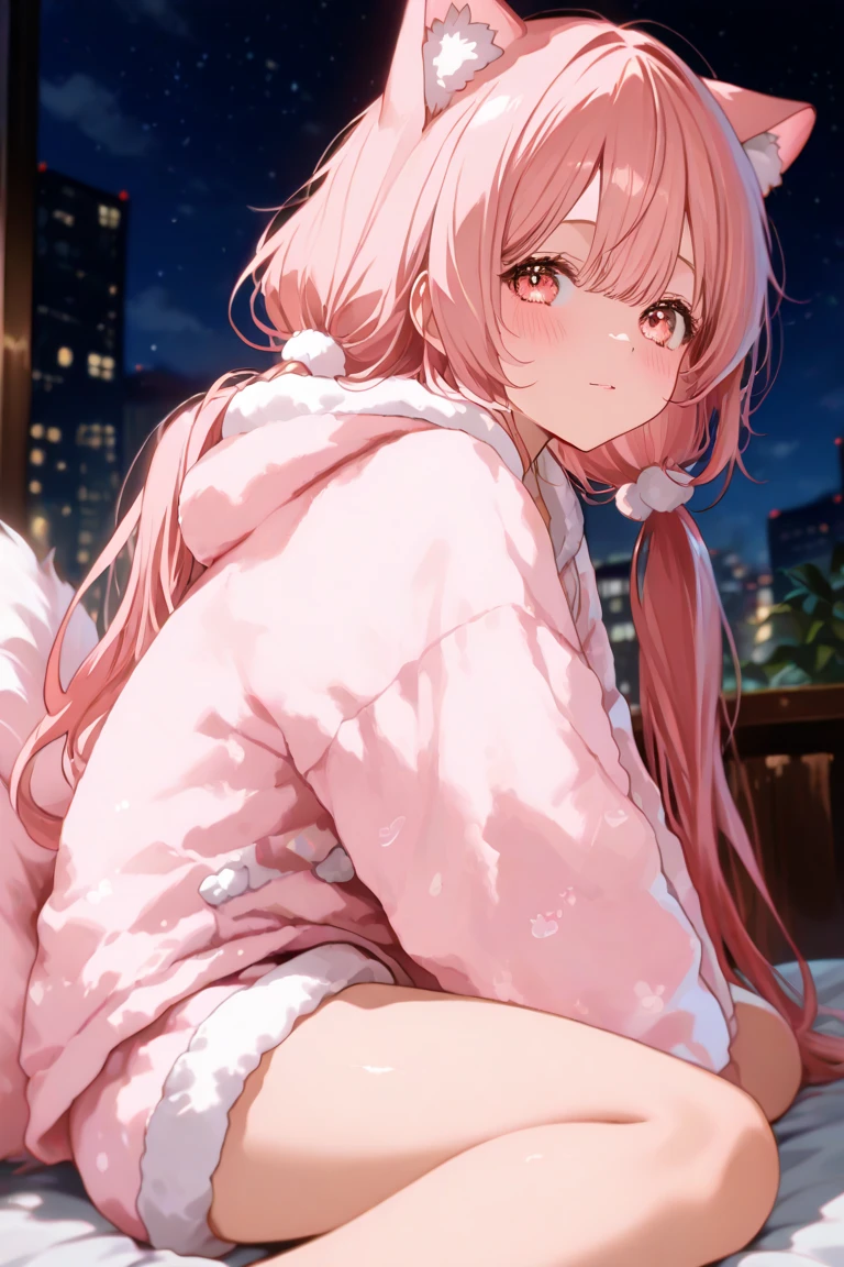 beautiful illustrations, highest quality, pretty girl, pastel colour, fluffy rabbit ears, , pink long hair, rabbit stuffed, bright lighting, night,Bed,sleep,Ease,In pajamas