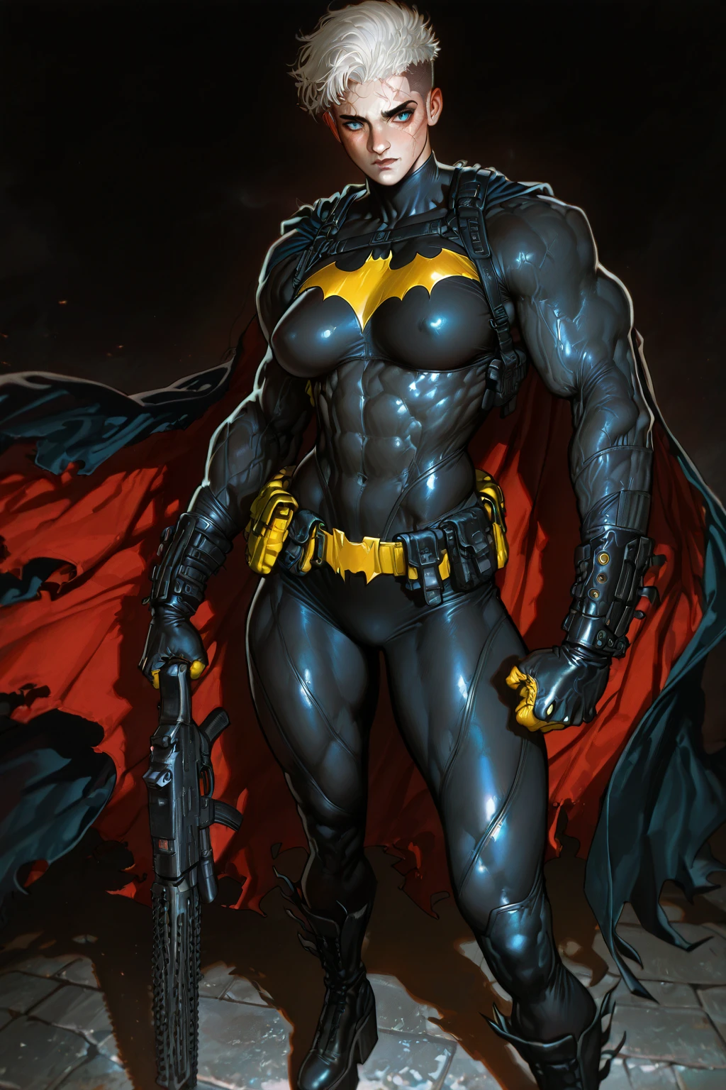 (extremamente detalhado CG unidade 8k wallpaper), a arte mais bonita do mundo, 1girl, parte superior do corpo, Batman em um traje futurista em frente a uma cidade, Do filme Batman, em Batman : Cavaleiro Arkham, Filme ainda do Batman, Dwayne Johnson como Batman, Retrato do Batman, O Batman, Batman, Mecha do Batman, Retrato de Batman, in batman movie still cinematic, Arkham, Cidade de Arkham, Anigirl Batman, Dwayne Johnson como Homem-Aranha, Dark Knight, em Batman
