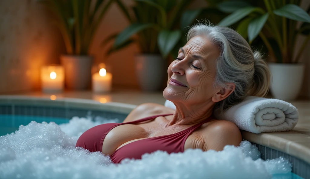 ((spacious hot springs filled with white milk : 1.1)), ((visible Only from the chest up : 1.15)), (masterpiece:1.4), (60-year-old woman :1.5),(facial wrinkles : 1.2),gentle smile, (mid-length hair : 1.1), (wearing only white towel : 1), soaking in a spacious wooden bathtub, plump body, touching hair, traditional japanese scene, detailed background, beautiful scenery, outside