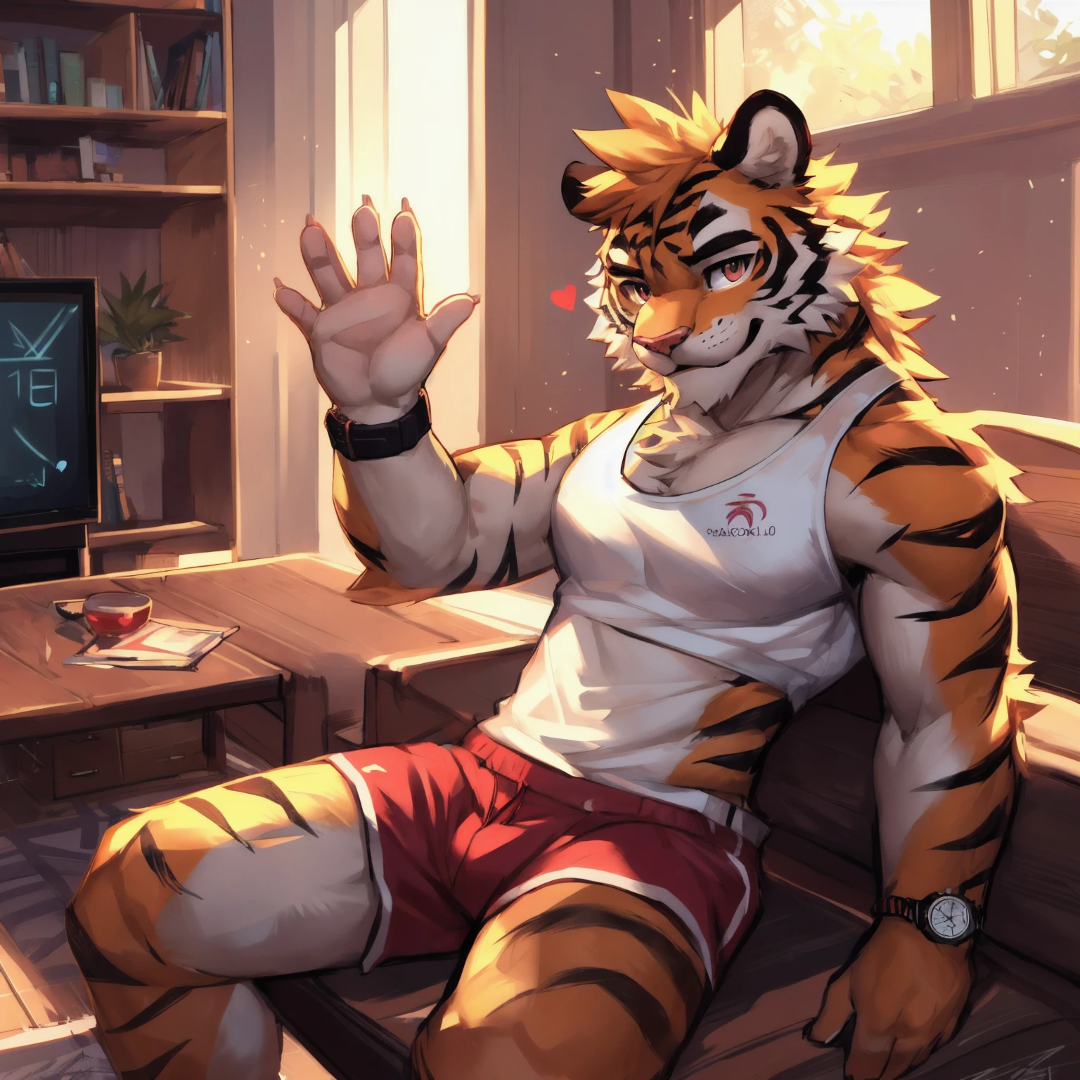 (Duos), (tiger ), (((wide shot of anthropomorphic tiger playing a video game while sitting on the tiny couch in tight briefs with the outline of his clearly visible))), (((wide shot))), ((tight fit)), ((briefs)), ((close up shot)), detailed fur, tiger , twink, thin, skinny, messy yellow hair, black rimmed glasses, nerdy, bulging, bulge tiger tail, happy trail, getting hard, outline visible, thin fabric, semi-, playing video game, deep in concentration, distracted, (((man)), (by Kenket), by Ross Tran, by Michael & Inessa Garmash, by Pino Daeni, by Kiguri, by Alena Aenami, by Ruan Jia, macro growth, head reaching the ceiling, head down,full body, anthro feet up , red blush on the cheek, duo_focus ,drunk face , big get and everywhere, 2boys ,open mouth, saliva, sticking out, sweat ,full body , big paws