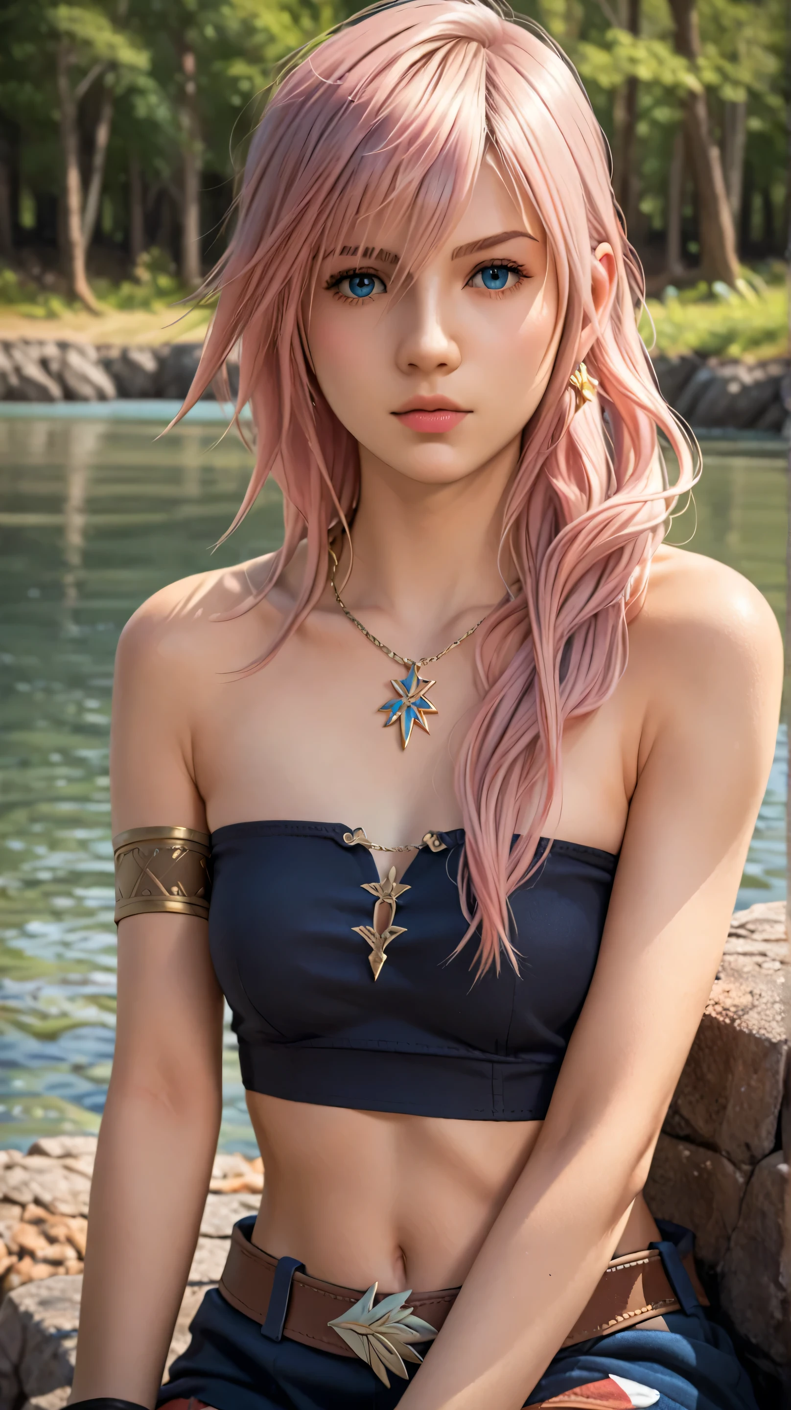 1girl, solo,lightning farron,blue eyes,pink hair,long hair,outdoors,potrait,forest,medium breast,(lake background:1.4),(sitting on stone:1.4),front view,final fantasy outfit, black glove,(close up:1.2),(wear tube top:1.5),potrait