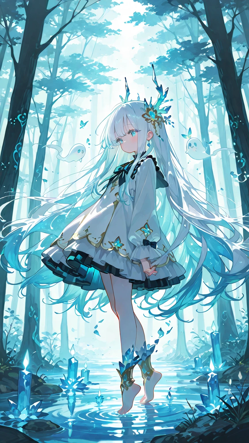 ((masterpiece)), ((best quality)),,(very wide shot:1.3),(ultra-detailed), ((extremely detailed)),full body,(under zero gravity:1.3),(pencil drawing:1.3), (watercolor pencil2:1.6 ), pastel ,(beautiful),high definition,an extremely delicate and beautiful,((best quality)),,colorful,A beautiful woman walks along the banks of a stream in a lush forest, (where colorful many jellyfish:1.3), which emit a pale light at night,( float in the air), She has a beautiful face and shining eyes of vivid colors, (She wears elaborate and delicate ornaments:1.3),( Fantastic forest with small many jellyfish drifting in the air:1.5), luminous on a moonlit night, Detailed drawing, Vivid colors, High image quality,