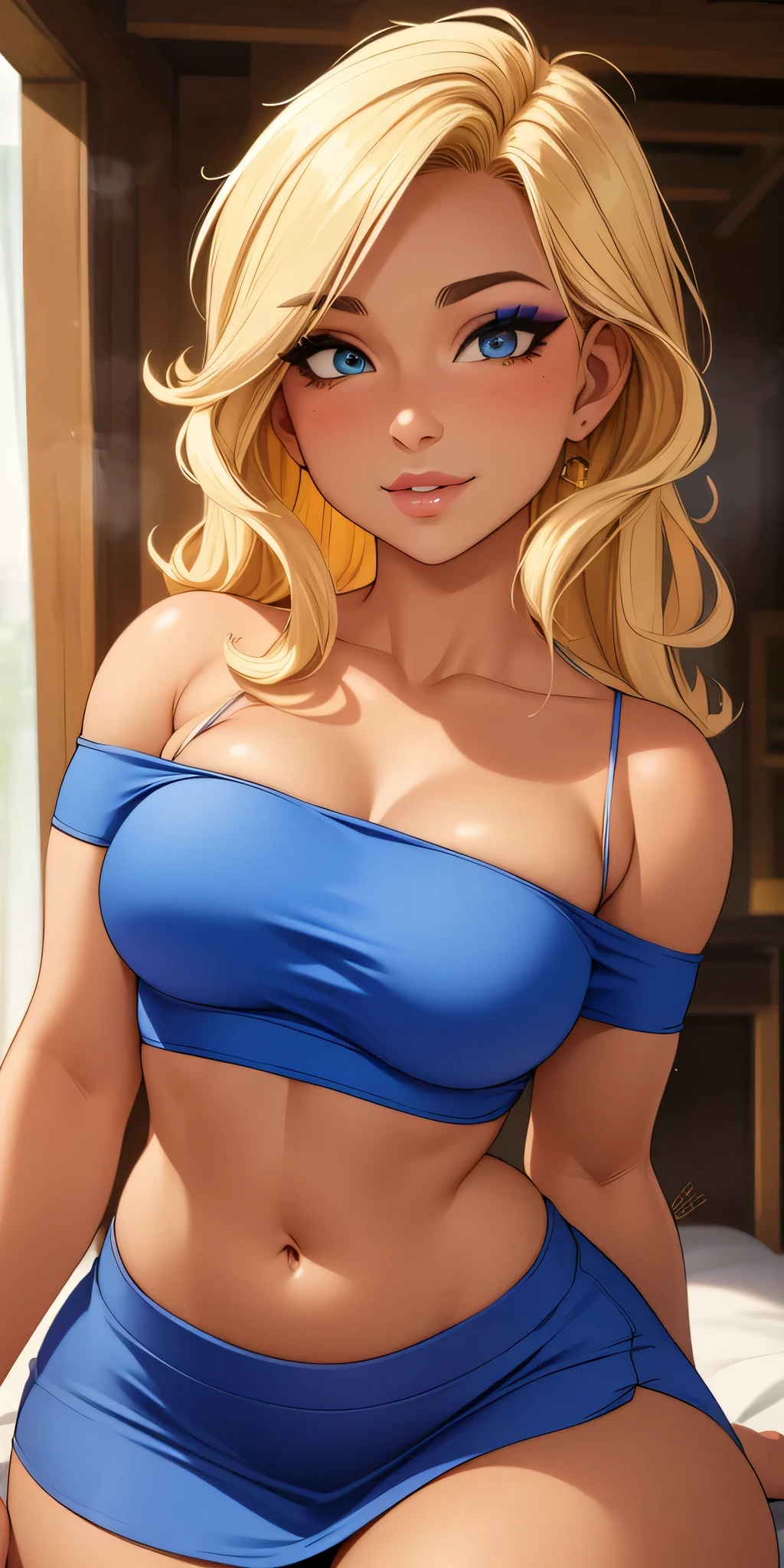 masterpiece), (portrait), medium breasts (aesthetics), ((1 19 year old girl dark skin, dark skin)), ((long hair)), ((golden yellow short punk hair)), wavy hair, thin and open eyes, blue eyes, cute, feminine, woman, feminine characteristics, high quality, aesthetic clothing, professional angle, (rule of thirds), feminine characteristics, solo, (attractive Korean woman), summer, (ink fog) , (afternoon) , (vibrant light), seductive posture, ((face looking forward))), crop top with spaghetti straps, long hip hop top, bold sexy micro-panties ((Energy)), (Bold makeup), (Average breasts), Tanned skin, (Clothes with Hop hip details), (Cropped top), (Beautiful neckline), beautiful body, beautiful eyes, bright eyes, seductive smile, beautiful mouth, beautiful lips, (best quality, ultra detailed, photorealistic: 1.39), bright and vibrant colors, studio lighting, romantic expression, seductive, in the home area