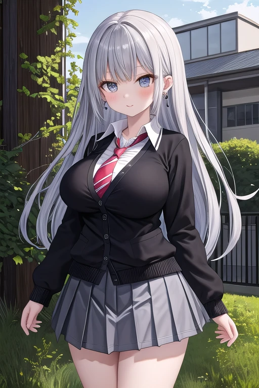 masterpiece,highest quality,Highly detailed face,fine grain, medium breasts,Sparkling eyes,Highlighted eyes,pretty girl,smile,Cat ear,Beautiful silver hair,Pink inside,Beautiful pink eyes,Oversized shirt、skirt、black tights, Hydrangea
