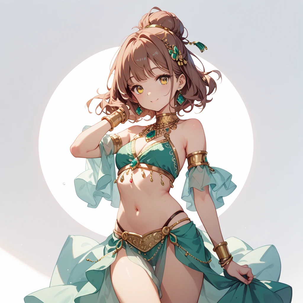 <lora:belly_dance_dress:0.5> wearing belly dance dress, dancing, <lora:zs_Chie:1> brown eyes, short brown hair, chiep4,, ultra detailed, masterpiece, best quality, aesthetic, detailed,
