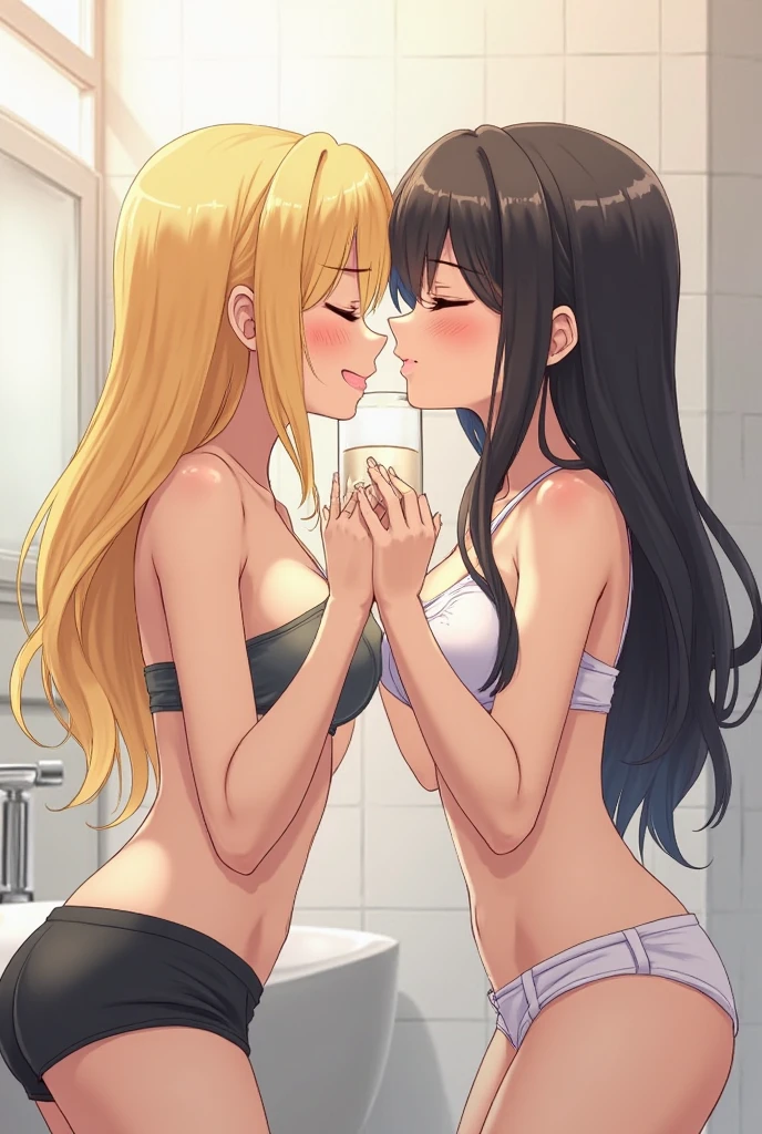 (master piece, high quality), multiple girls, Female student, Ten generations, small breasts, Gym locker room, (white panties), white bra, kiss, hug, (group selfie), soft light, bright
