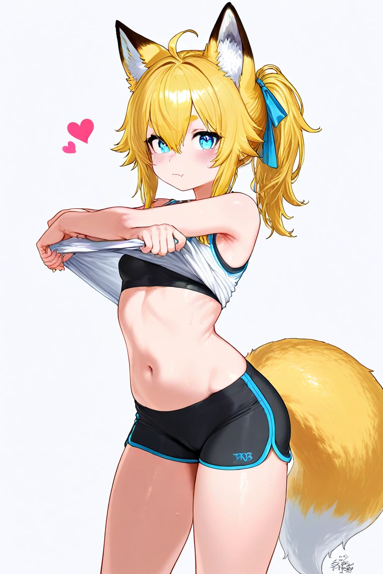 ((masterpiece,best quality)), absurdres, <lora:Yakumo_Ran_Touhou:0.8>, Yakumo_Ran_Touhou, 1girl, solo, blonde, blonde hair, short hair, yellow eyes, fox, fox tail,  solo, smiling, looking at viewer, cowboy shot,  cheerleader,  crop top, midriff, miniskirt, locker room, locker, indoors, bench, sitting, crossed legs
