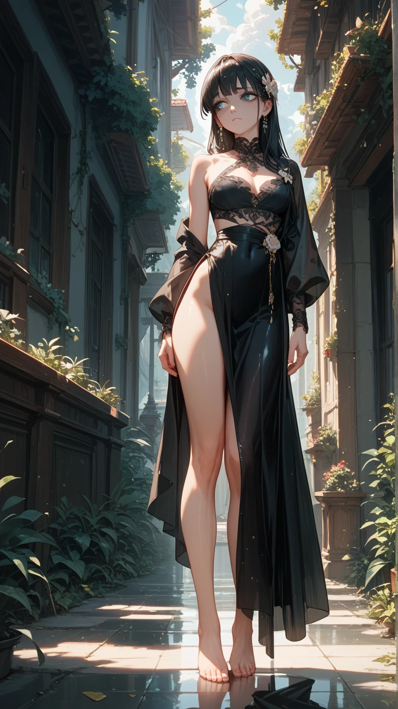 ((aeolian)), 1 girl, beautiful face, green eyes, Princess, small breasts, very long black hair, slim body with long legs, full body view, perfect bare feet, perfect fingers, walking through village, ((wearing black gown)), thighs spread wide, bare groin