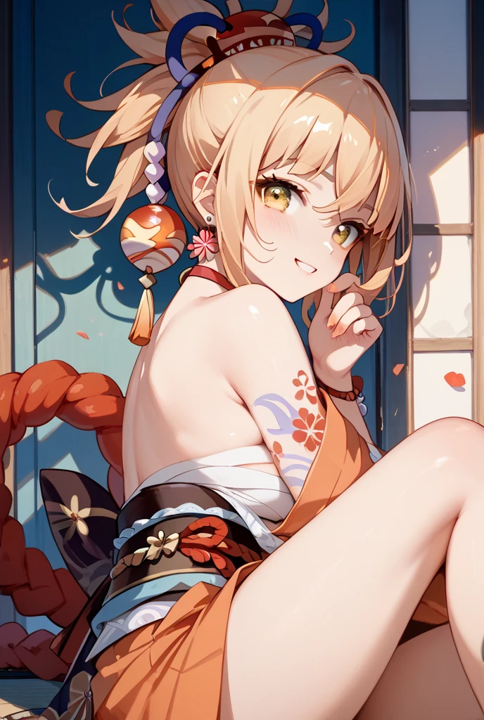 Super detailed,(Highest quality),((masterpiece)),(High resolution),original,very,(\Small merit\),One girl, Underarm, chest, alone, blush, Blonde, View your viewers, orange kimono, Raise the hand, kimono, kimono, chestの谷間, Arm tattoo, Sweat, Red choker, bandage, Put your arms behind your head, White Background, Simple Background, Hair between the eyes, bangs, chestのタトゥー, Yellow Eyes, Orange eyes, medium chest, Mouth closed, Underarmを見せる