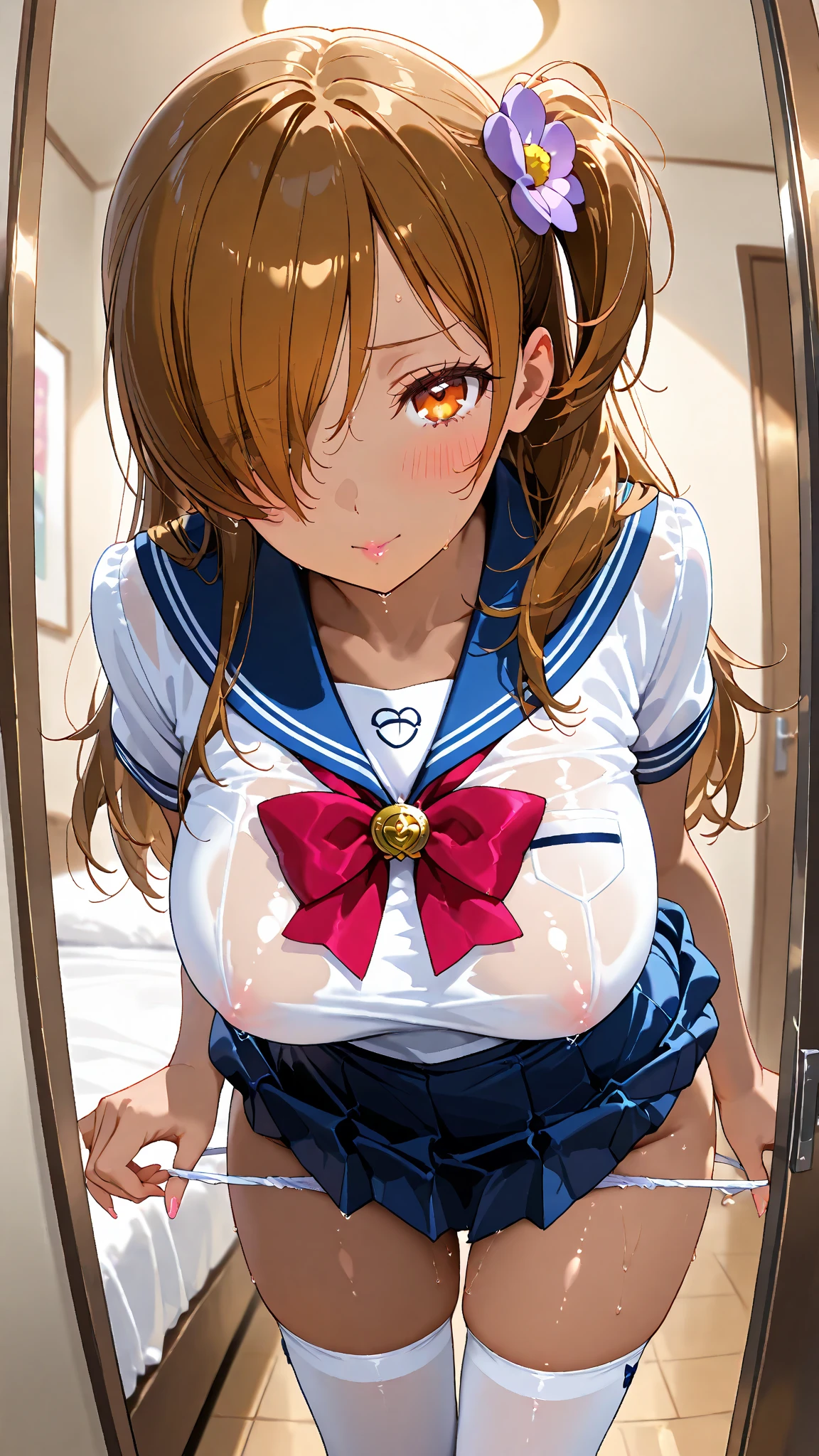 Kousaka honoka, blue eyes, sailor moon lingerie, red face,blunt hair,curvy body, standing, cowboy shot , tokyo street, japan, cleavage, ahoge, Blushing, sailor moon pose、 Face full of scars、Skin shiny with sweat、 injured scared girl、 crying wet bursting out eyes, real tears streaming down face, ultra-detailed eyes,bandaid on face,covered with mud,expression of despair,Illumination that emphasizes shiny sweat{{{Spread }}},(crotch rope walking:1.0)